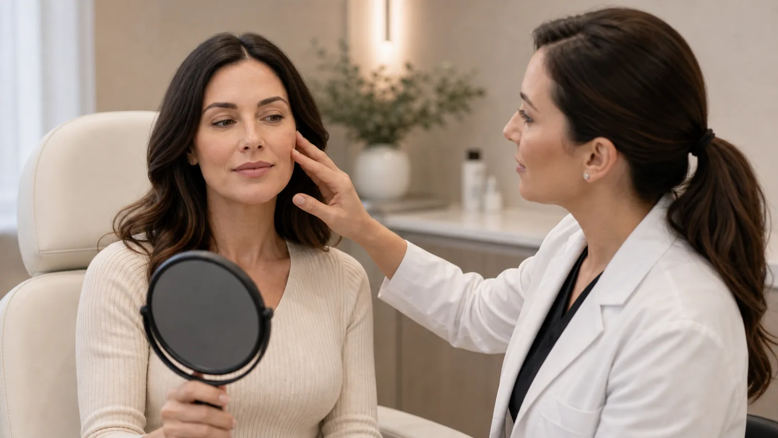 Clinical dermal filler consultation reviewing cheek support and facial contour in Williamsburg, VA.