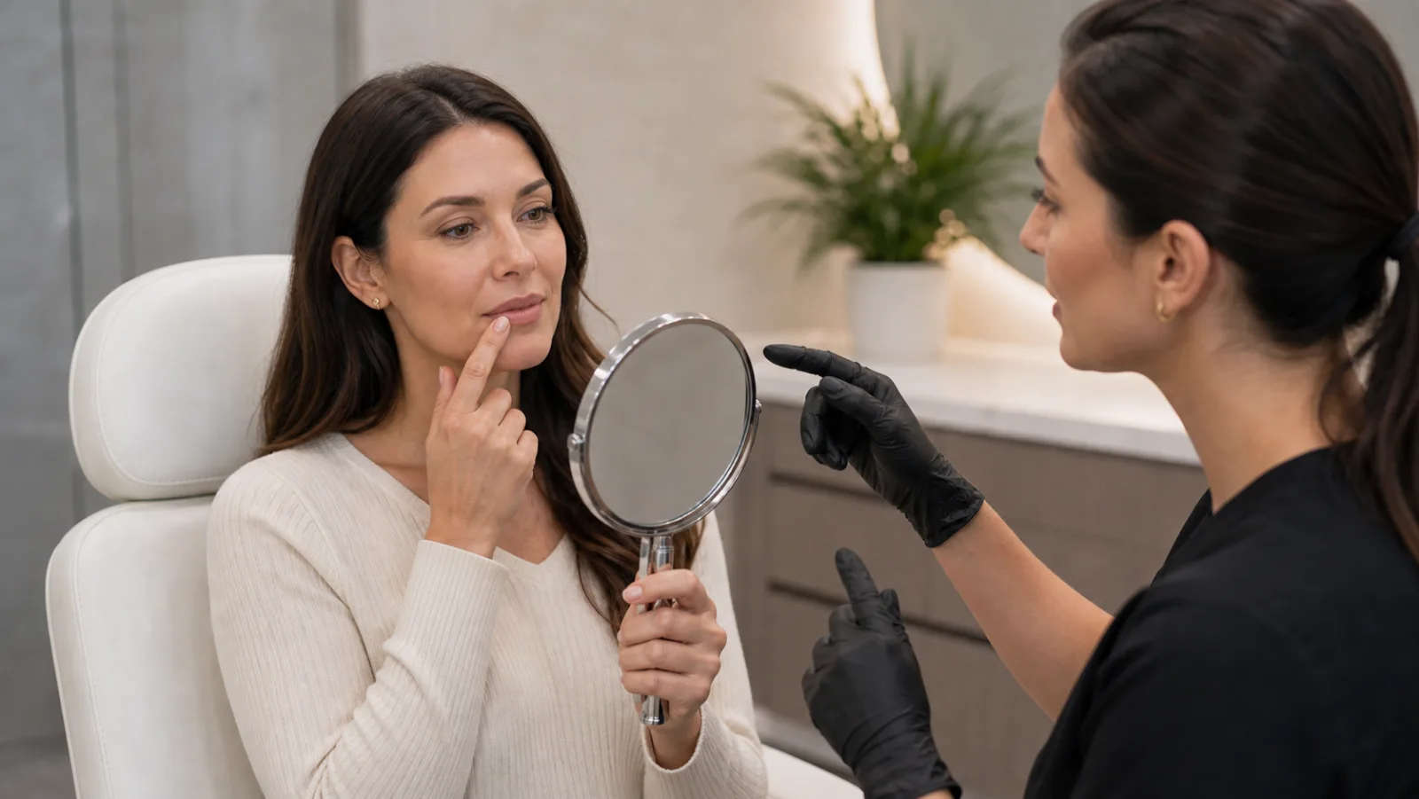 Clinical dermal filler consultation reviewing lip shape and subtle lip filler goals in Williamsburg, VA.