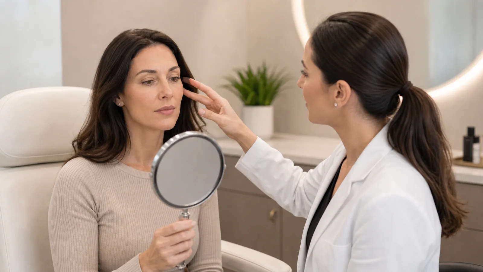 Clinical dermal filler consultation reviewing under-eye hollows and tear trough candidacy in Williamsburg, VA.