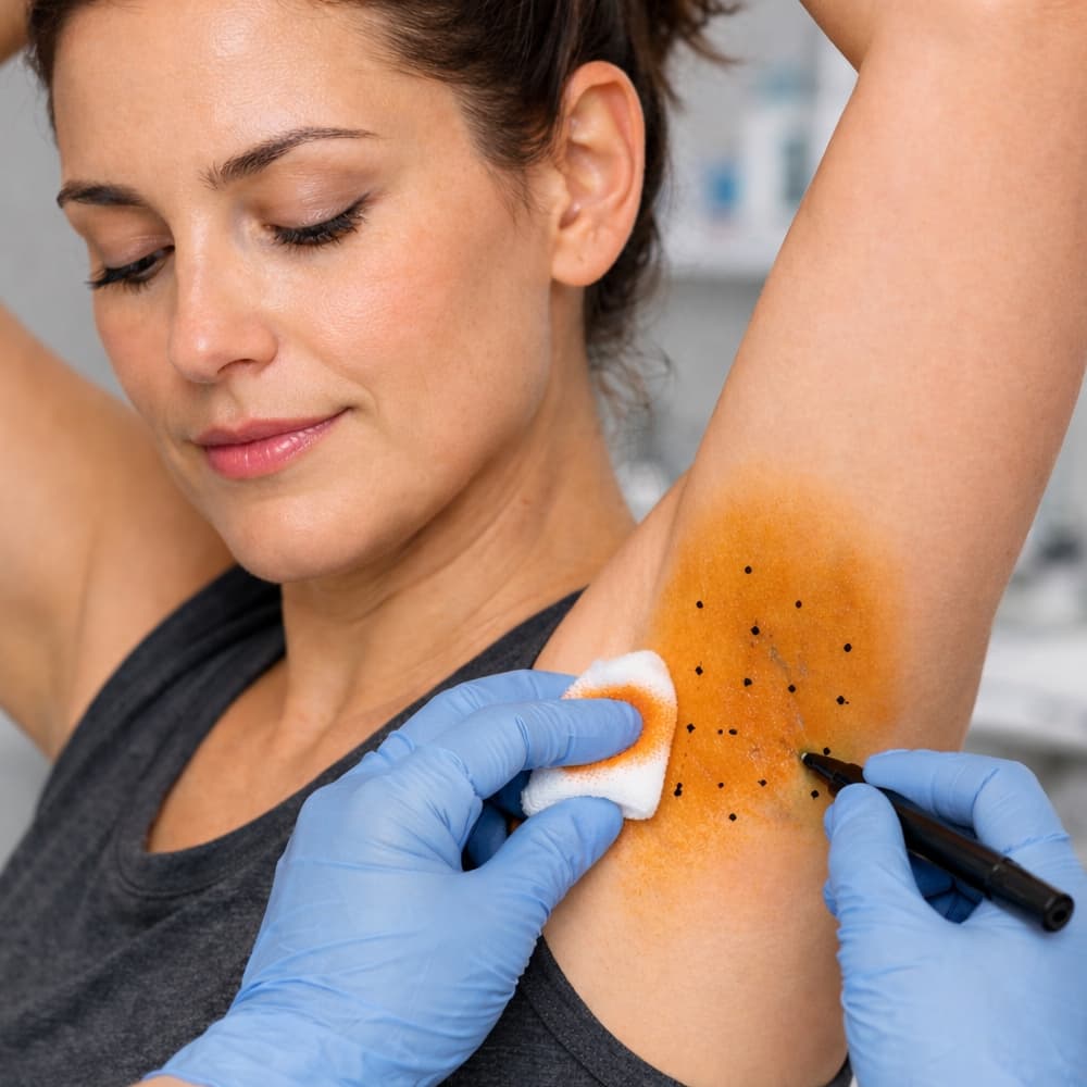 Underarm treatment area prepared with a mapped injection pattern.