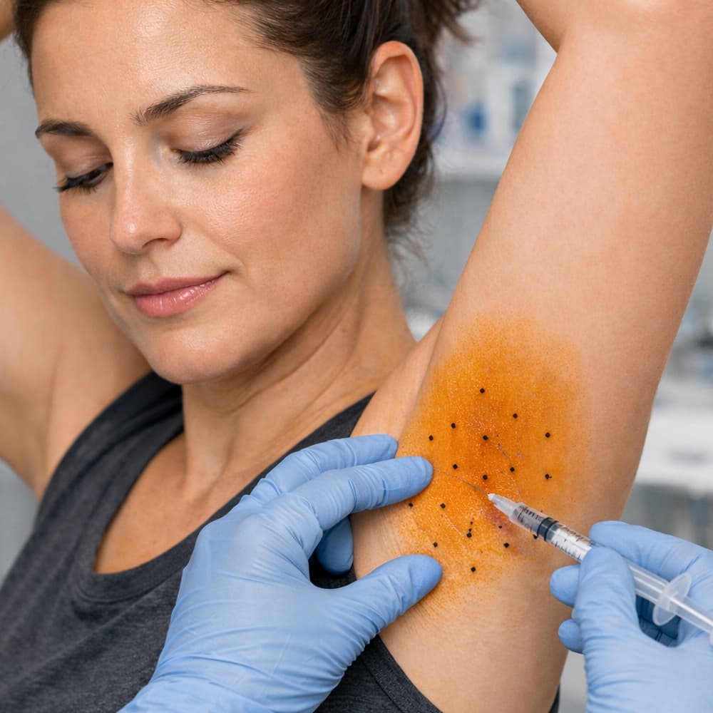 Close-up view of localized Xeomin injections in the underarm treatment zone.