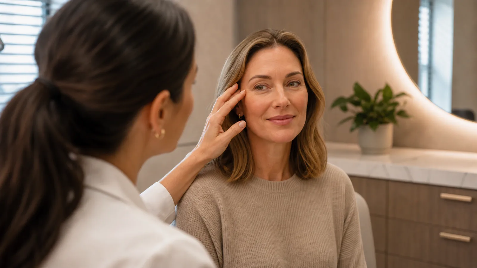Clinical Botox consultation reviewing smile lines and crow's feet around the eyes in Williamsburg, VA.